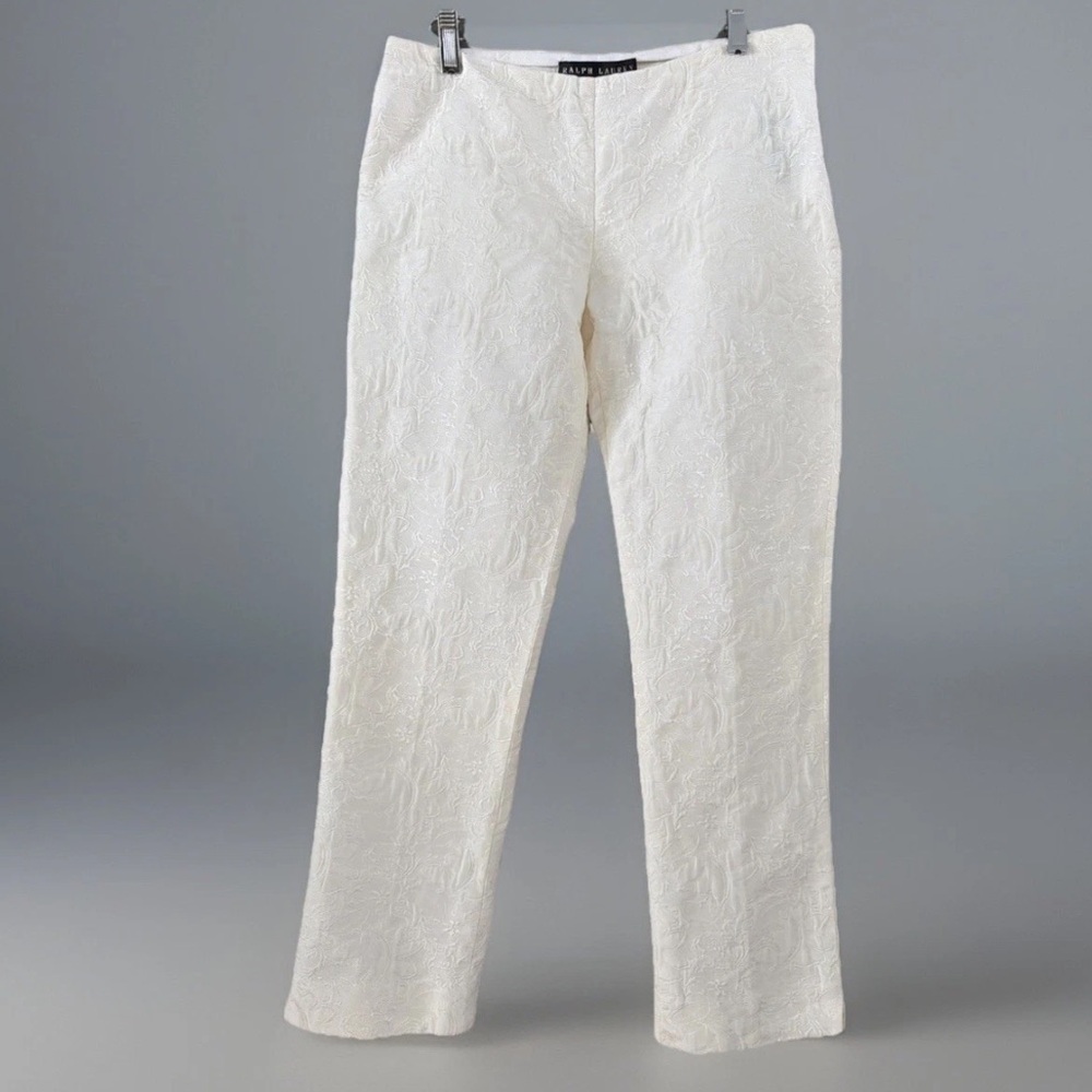 Ralph Lauren Black Label Ivory Jacquard Pants Slim Fit Ankle Length Side Zip Sz6
